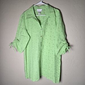 Susan Graver Style Spring Lime Green 100% Cotton Eyelet Tunic Top Size XL